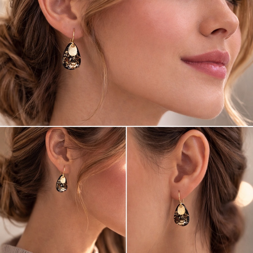 Handmade Gold and Black Teardrop Dangle lightweight Earrings Gold Vermeil